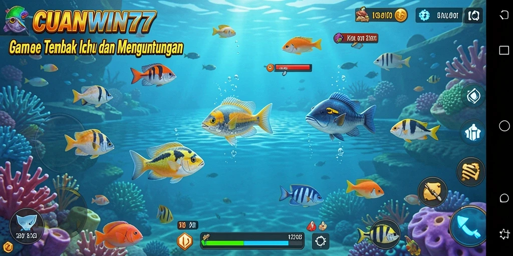 Tangkapan layar gameplay CUANWIN77 menampilkan aksi menembak ikan yang intens.