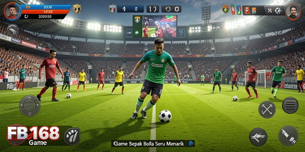 Screenshot gameplay FB168 menampilkan aksi seru di lapangan sepak bola.