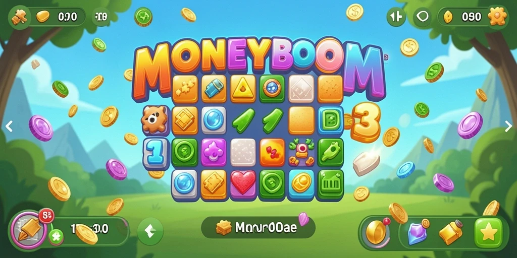 Tampilan gameplay MONEYBOOM yang penuh warna dan penuh aksi Match-3.
