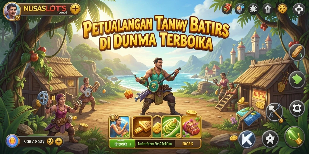 Screenshot NUSASLOTS menampilkan petualangan di dunia terbuka yang penuh warna.